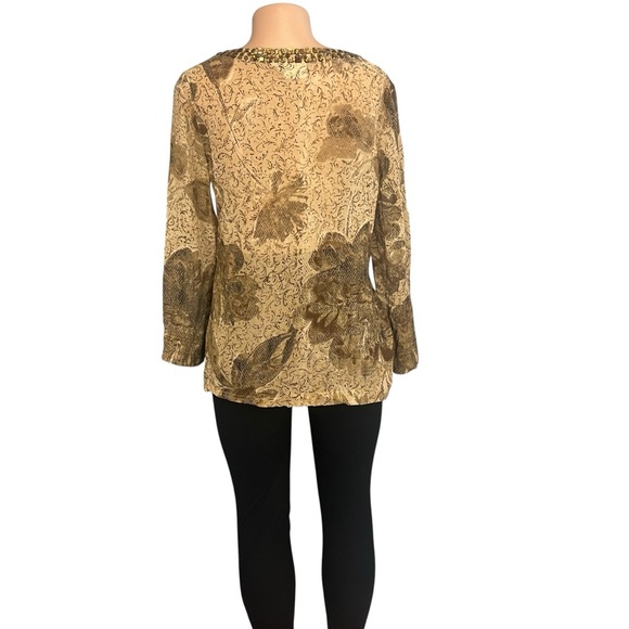 Chico’s 100% Silk Floral Sheer Jeweled Neckline Blouse Brown - Picture 9 of 10